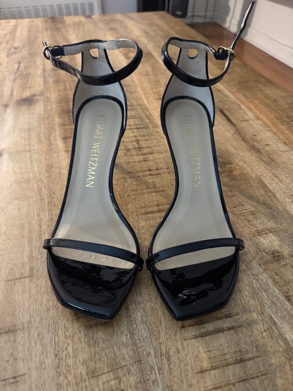 Stuart Weitzman Black Nudist II 75 Patent leather Ankle-Strap Heels 10B - Picture 3 of 7